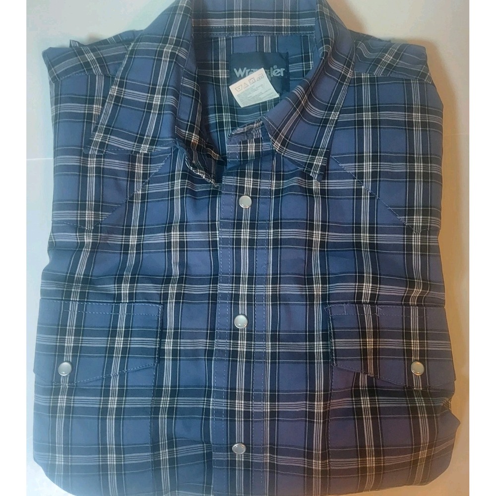 Wrangler Shirt Adult Large Blue Plaid Pearl Snap Button Up Long Sleeve Mens